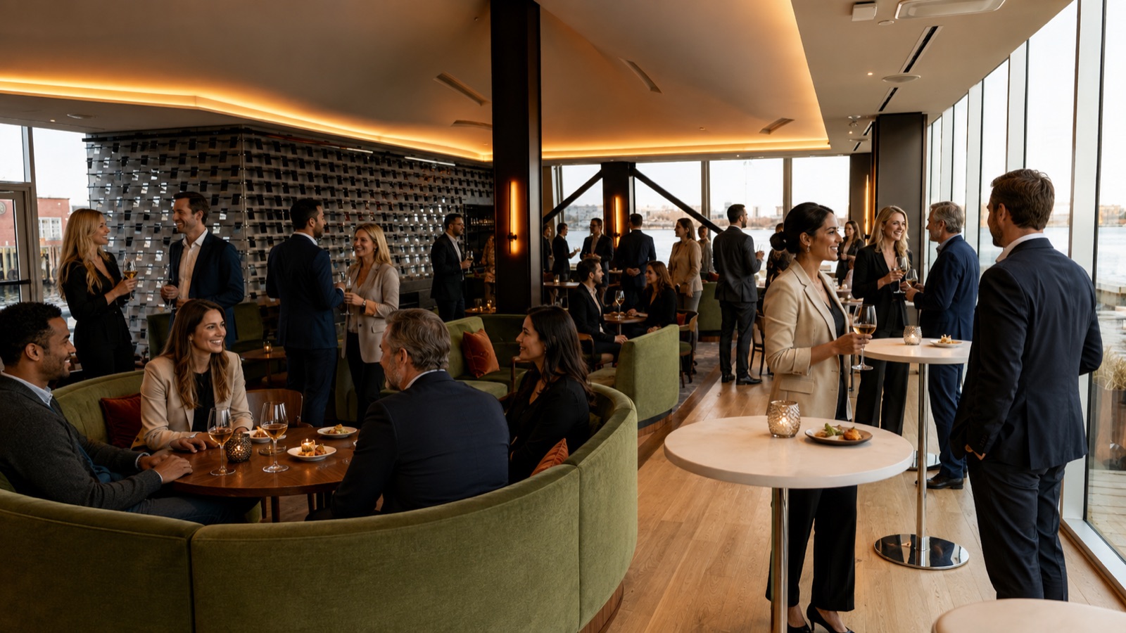 Guests talking at a Commercial Real Estate Group mixer on the Halifax waterfront